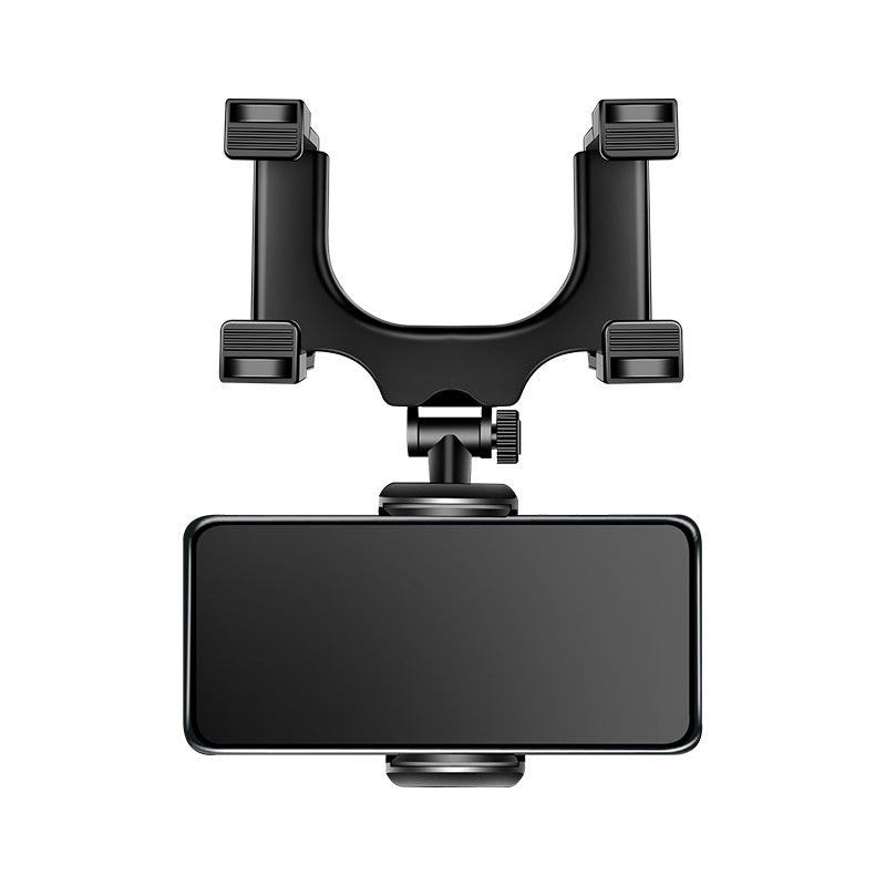 Matte black clip-on rearview mirror phone holder with U-shaped clamp arms and central pivot