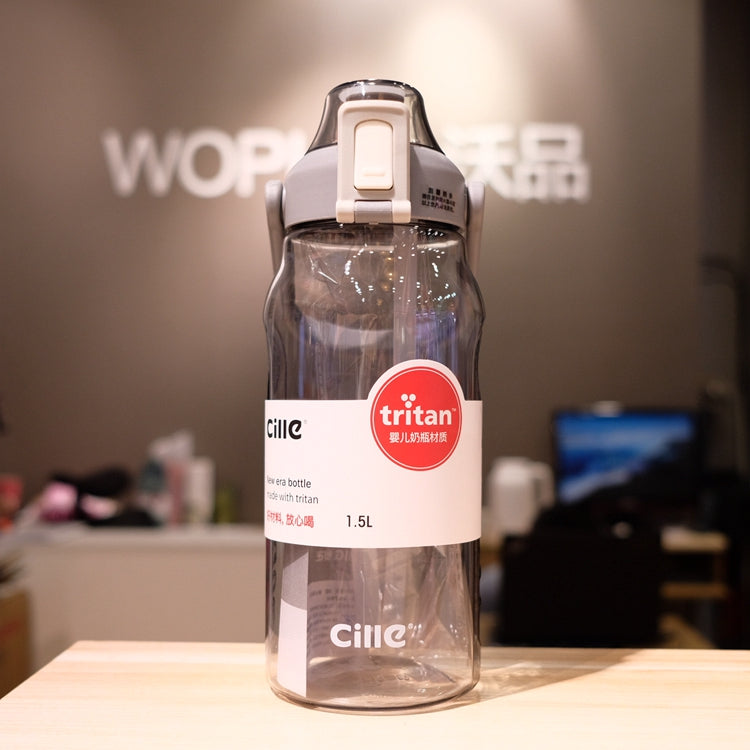 Clear straw water bottle with grey handle and Tritan cap, 1.5L capacity