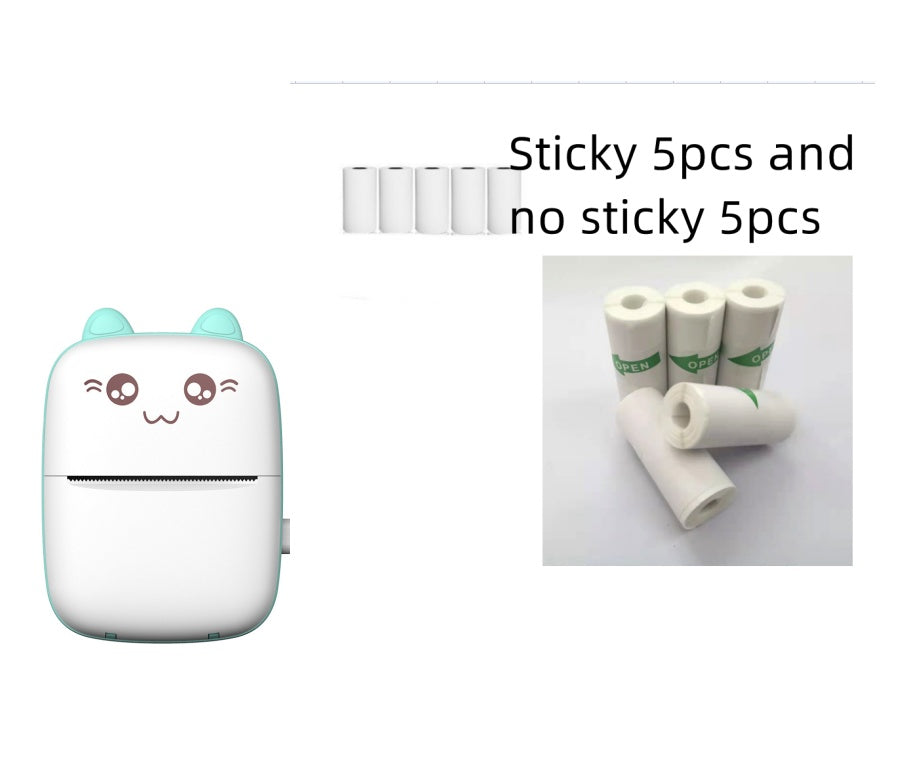 Mini label printer with roll set, featuring sticky and non-sticky paper varieties