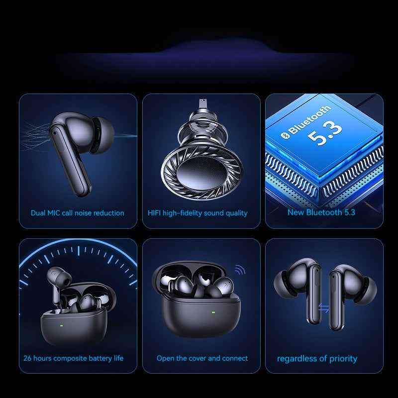 Black wireless in-ear headphones and charging case shown from multiple angles