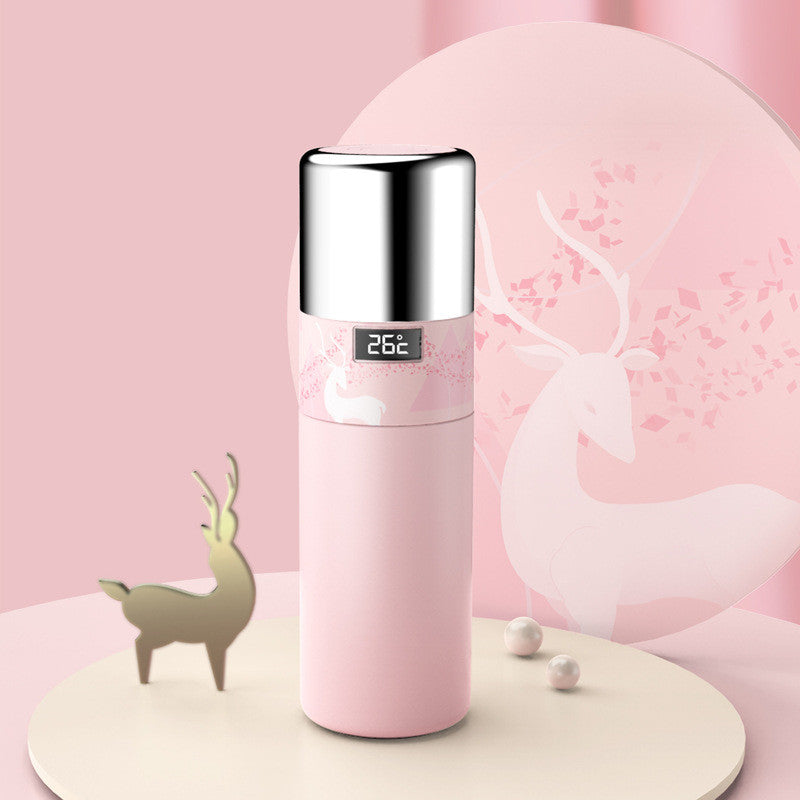 Pink vacuum temperature display water bottle with digital 26°C screen