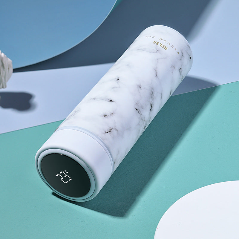 Insulated LCD water bottle, 500 ml, white marble finish with temperature display