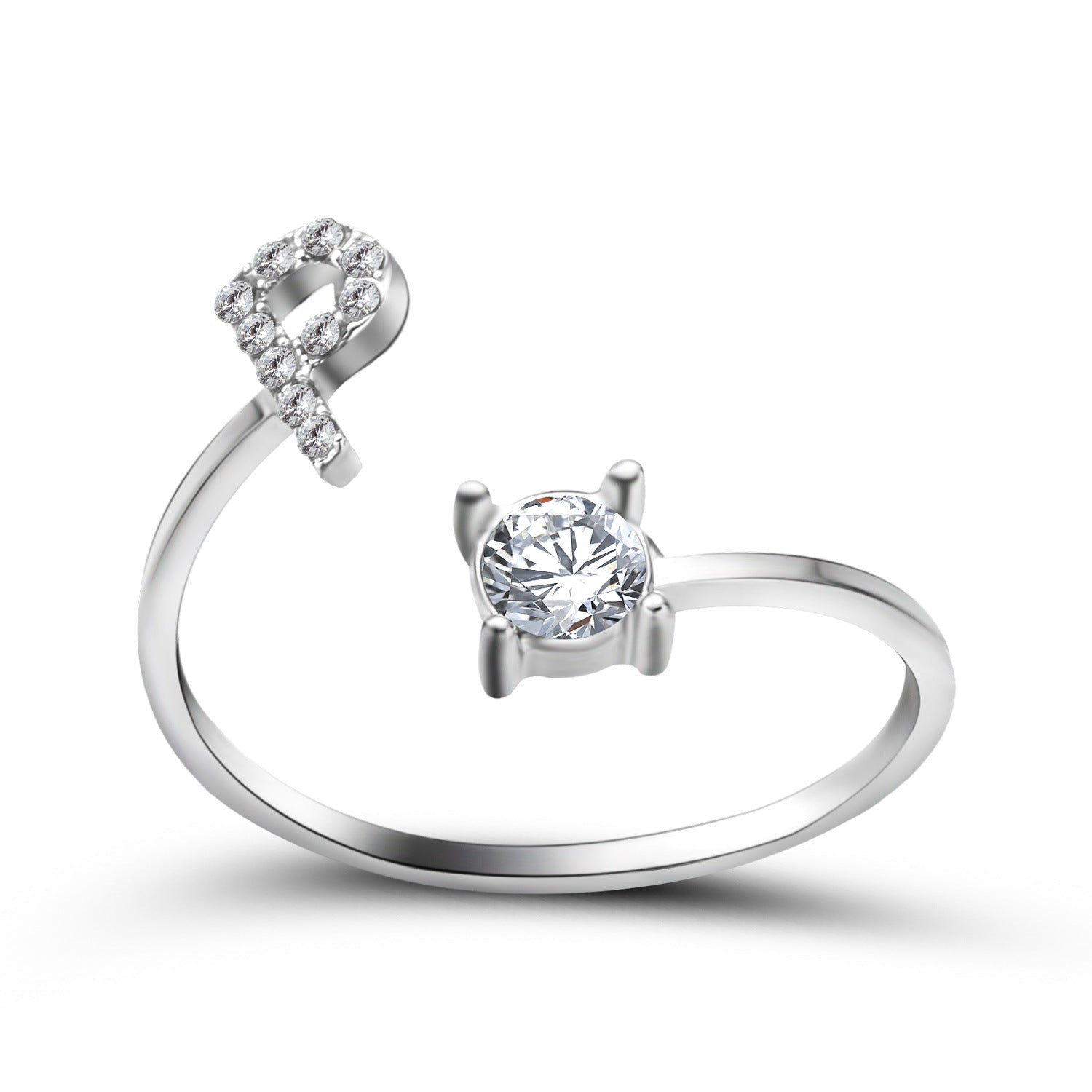 Silver adjustable initial letter ring with round crystal center and crystal-set letter