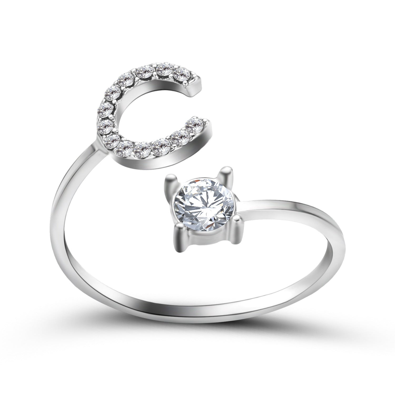 Adjustable initial letter ring with round crystal center and pavé band, silver tone
