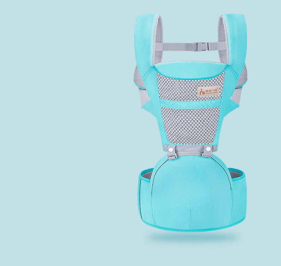 Turquoise baby waist carrier and stool with textured mesh panel and padded waist