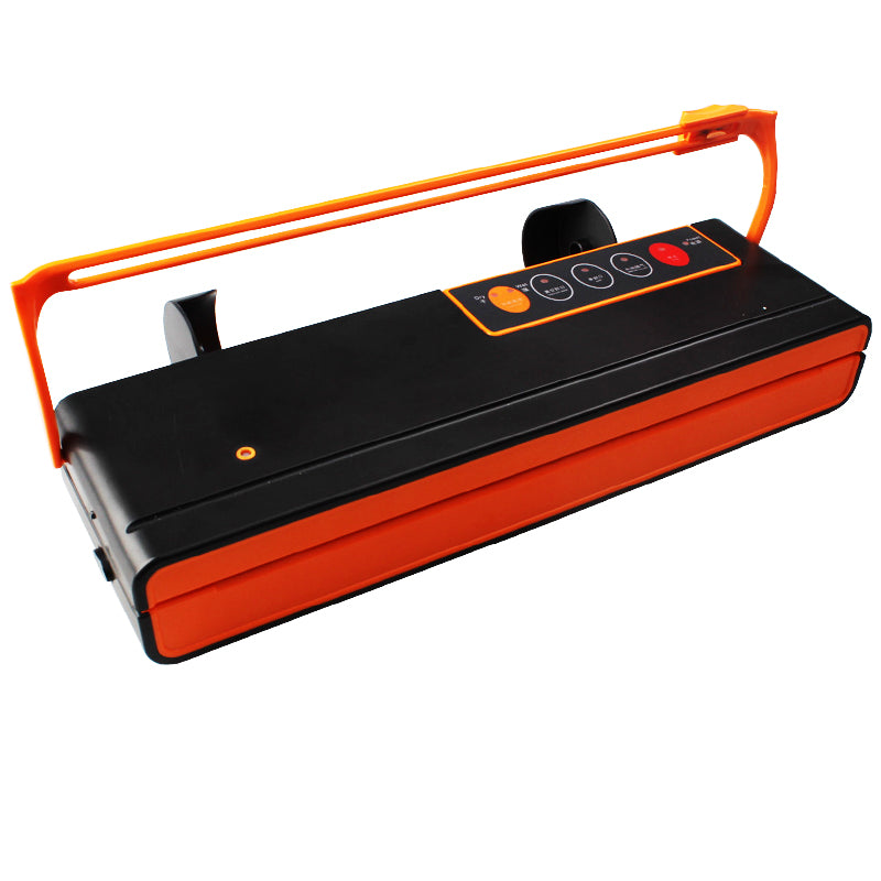 Vacuum sealer packaging machine, orange handle and black body with control buttons