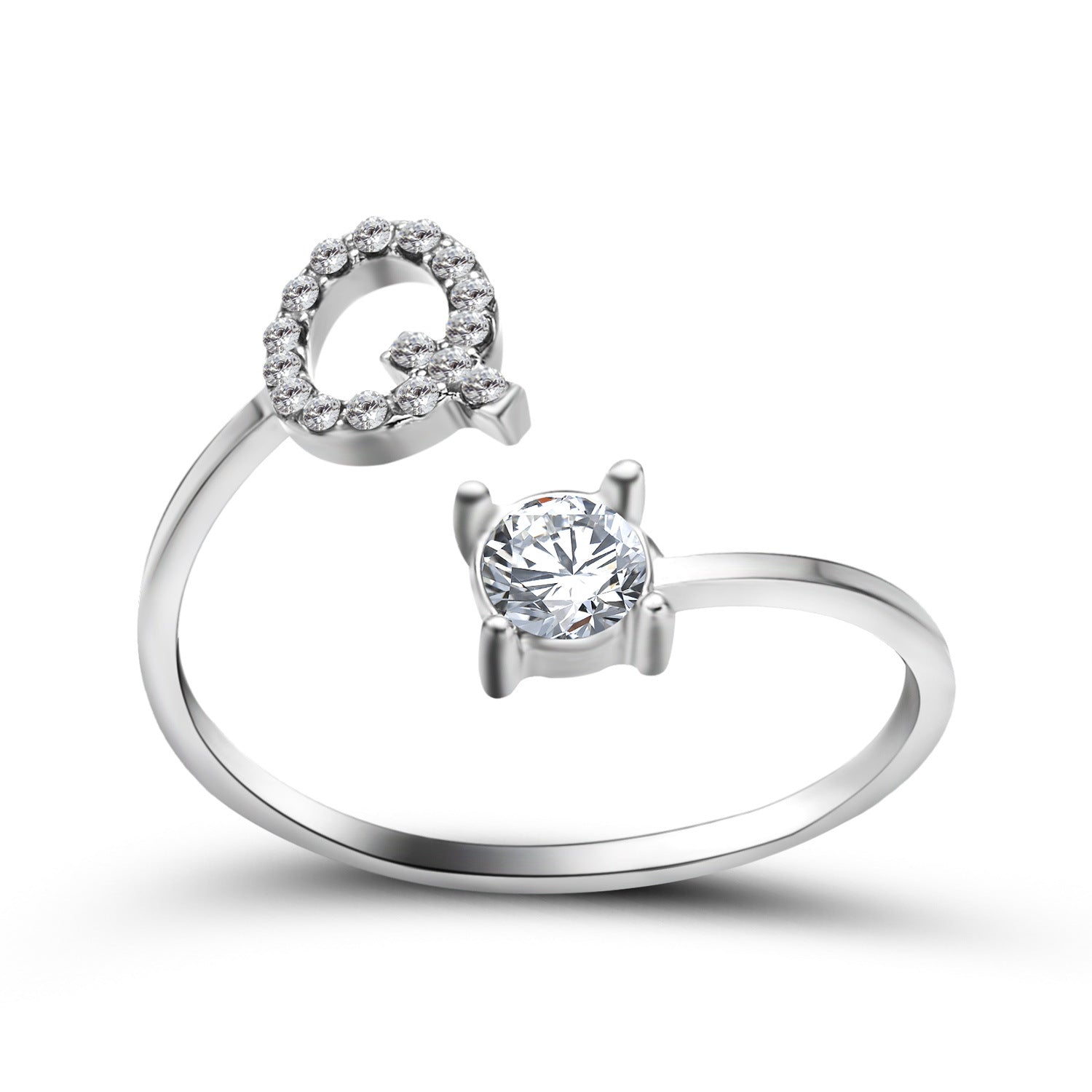 Adjustable initial letter ring with crystal initial and round center stone, silver-tone band