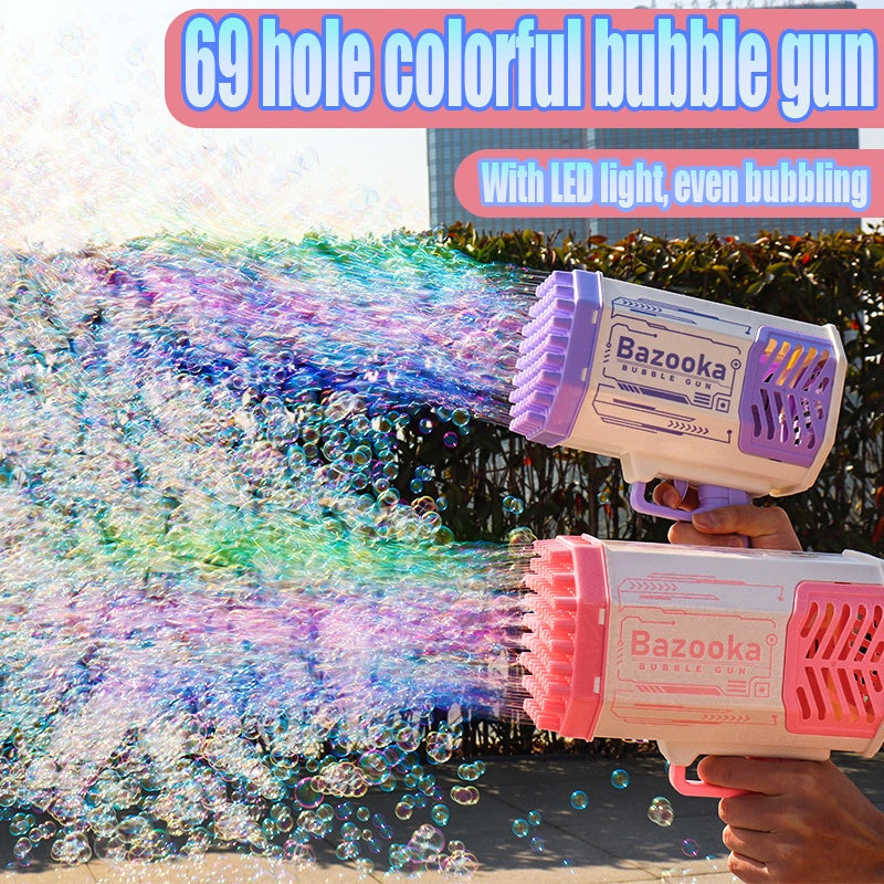 Bubble gun toy in blue and pink, shooting a wide stream of colorful soap bubbles