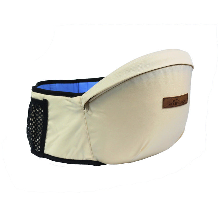 Cream baby sitting stool with black side mesh pocket and top zipper