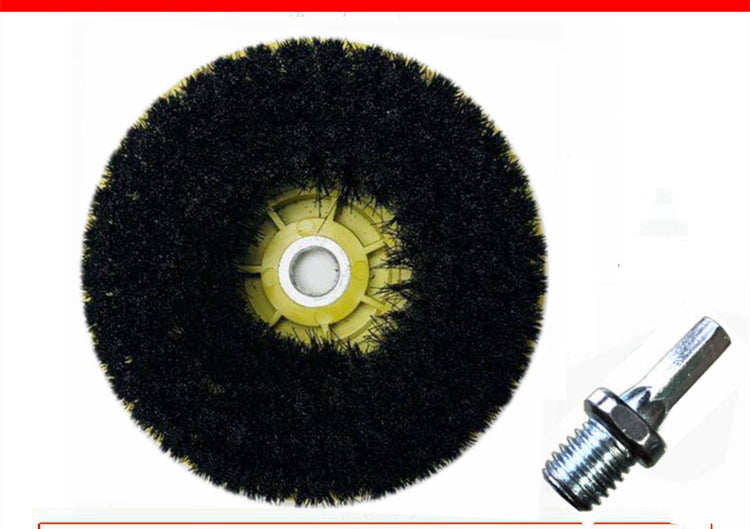 Electric drill cleaning brush head with yellow hub and black scrubbing pad
