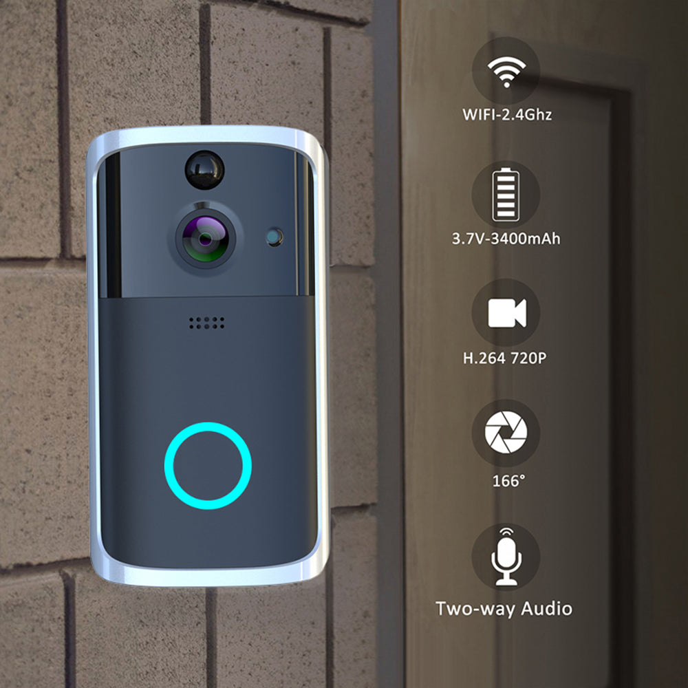 WiFi video doorbell camera mounted on wall with blue status ring and lens