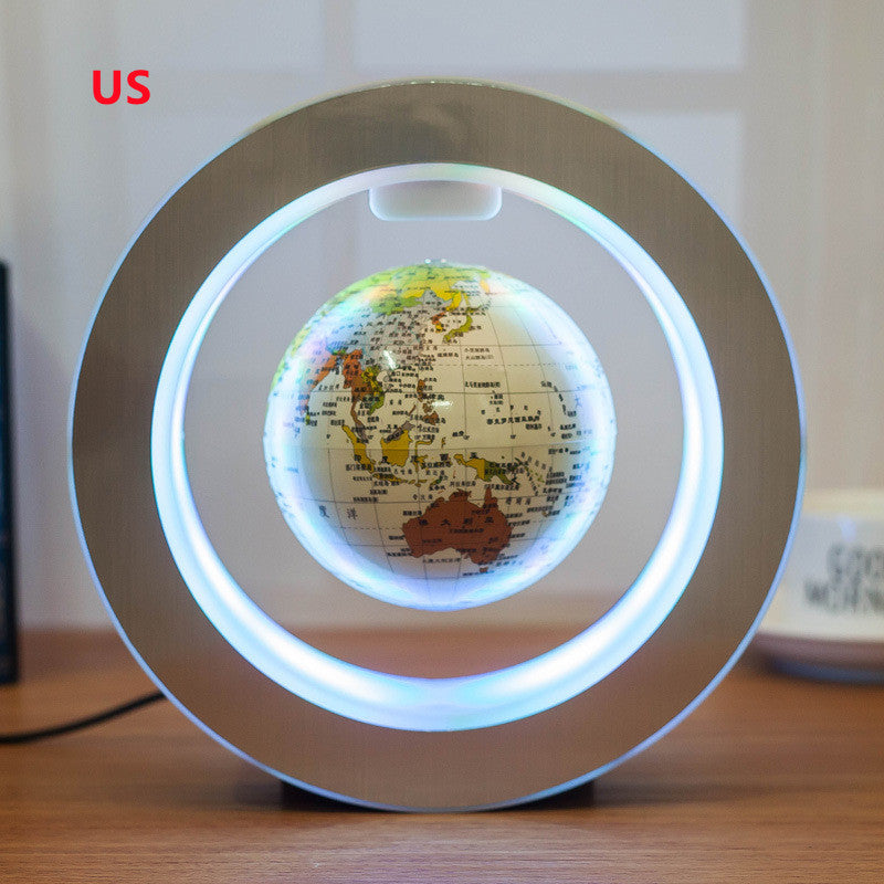 LED floating world map globe centered on round base with white glowing ring light