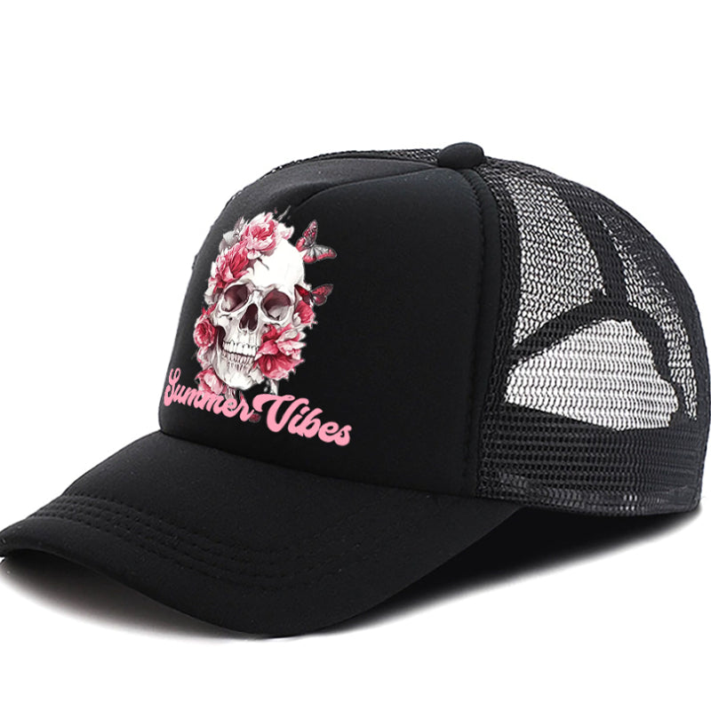 Men's casual baseball cap, black front and bill with skull floral graphic and mesh back