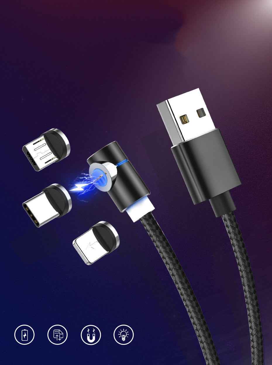 Magnetic LED charging cable with blue-lit adapter tips and black braided cord