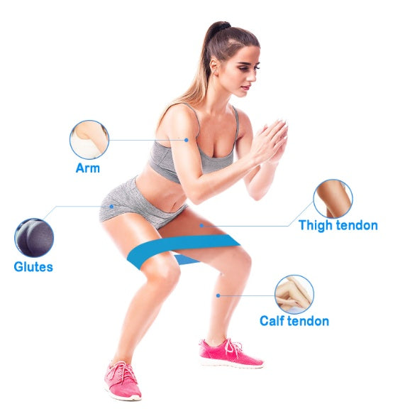 Blue resistance loop band worn around thighs for glute-focused exercise
