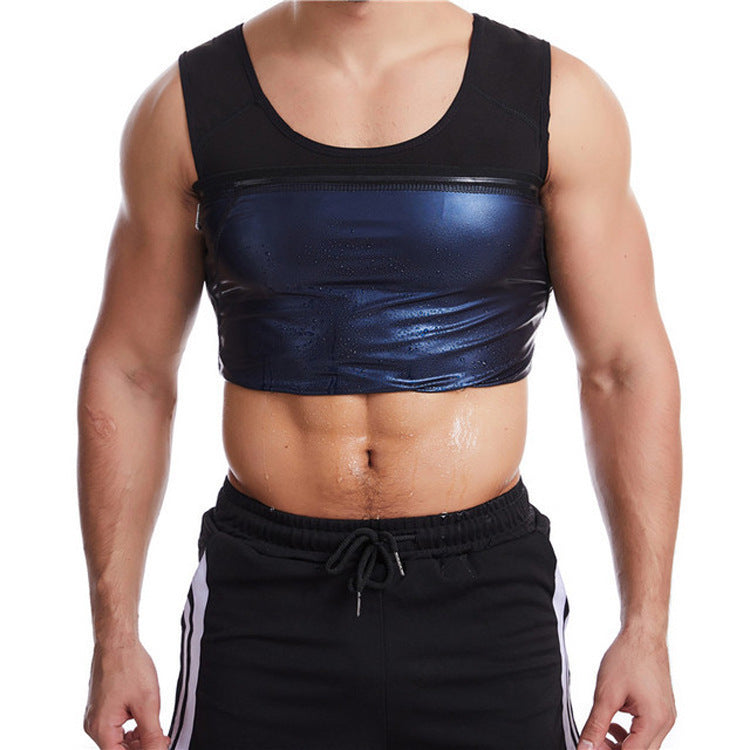Corset-style sweat vest with blue metallic chest panel and black drawstring shorts-style
