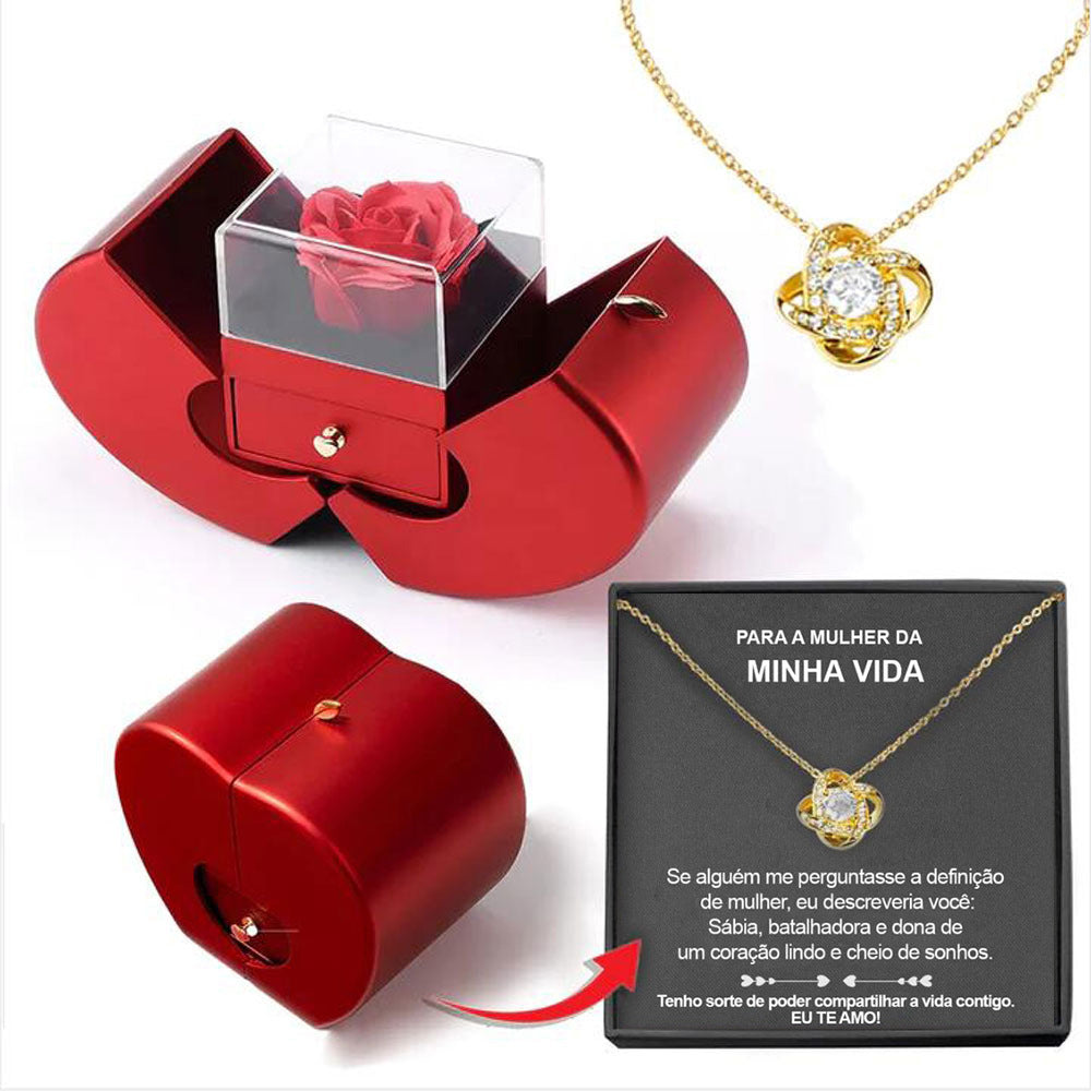 Red heart jewelry box set with clear rose display, gold heart pendant necklace and card