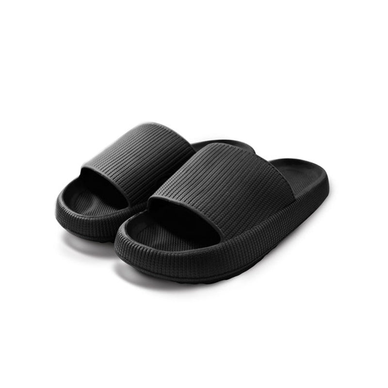 Indoor slide sandals, black, ribbed upper with open toe