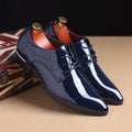Men’s leather dress shoes in dark blue, glossy finish, lace-up wingtip detailing