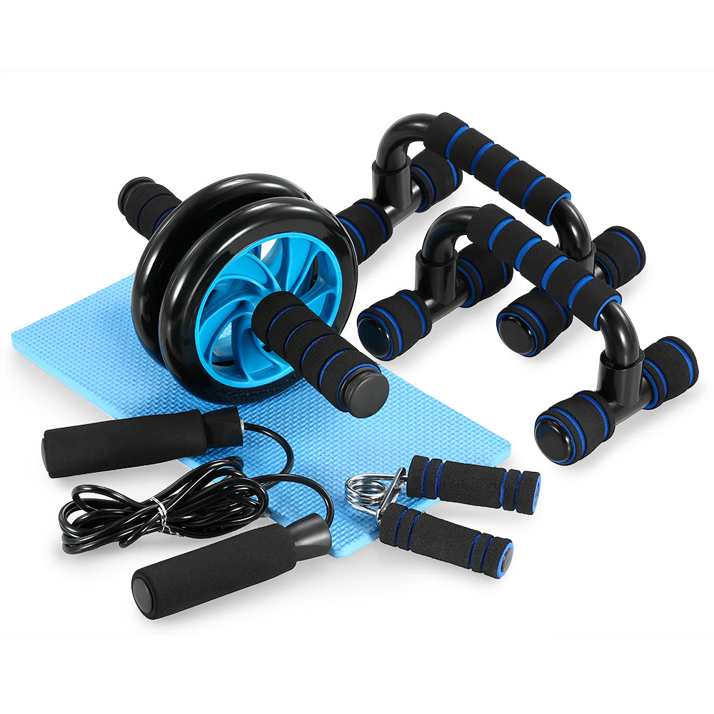 Workout equipment set with wheel, push handles, foot straps, and resistance cords