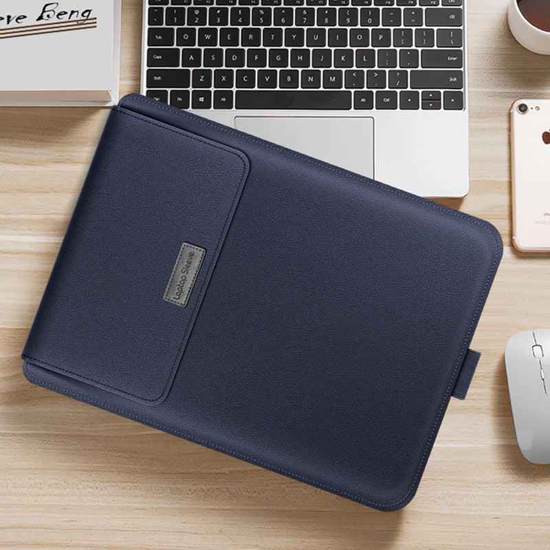 Navy laptop sleeve with front flap pocket and slim carry handle