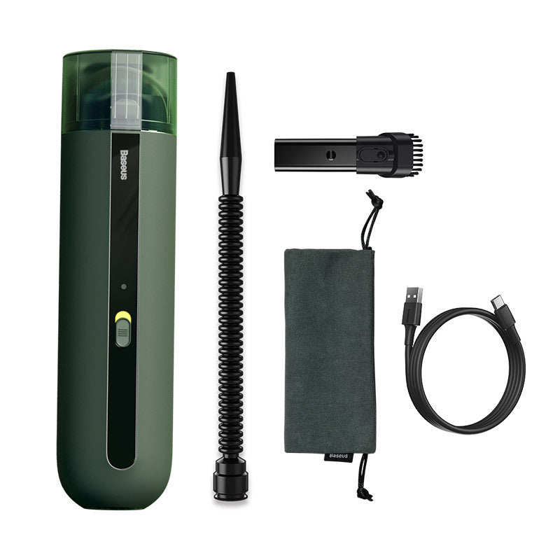 Wireless handheld mini vacuum cleaner set in green with nozzle and included accessories.