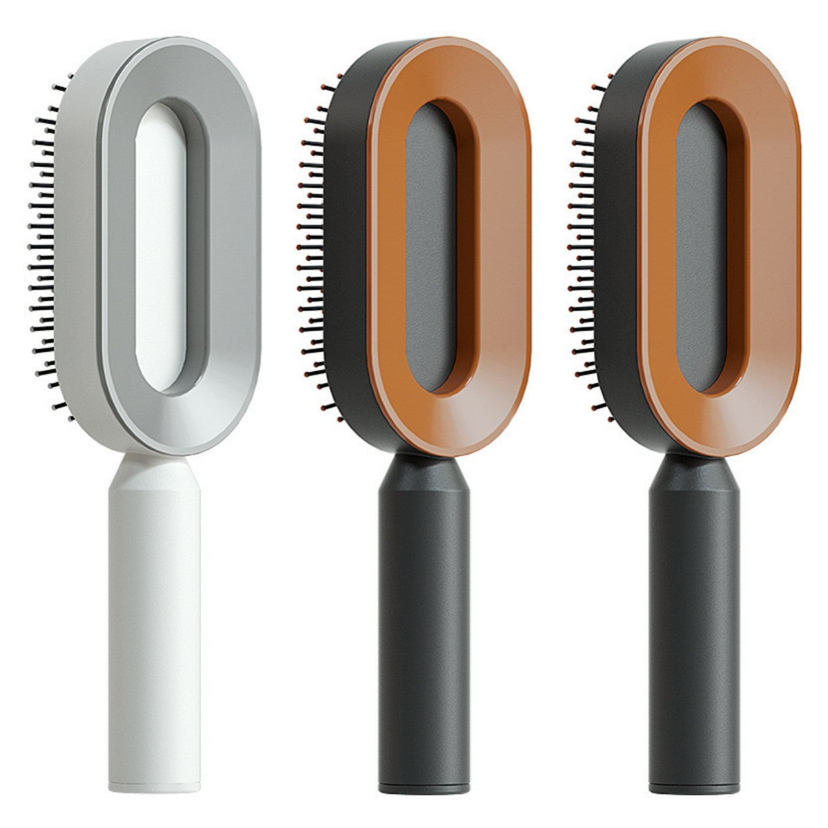 Self-cleaning hair brush set with oval gray, tan, and tan cleaning heads with white/black handles