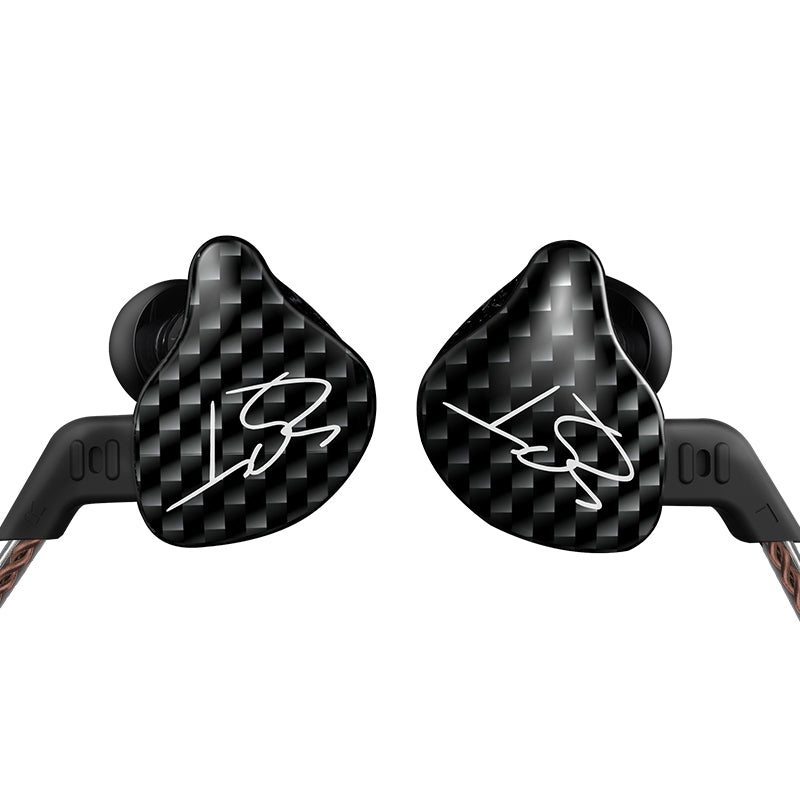 Pair of in-ear subwoofer headphones with black carbon-fiber pattern housings, wired