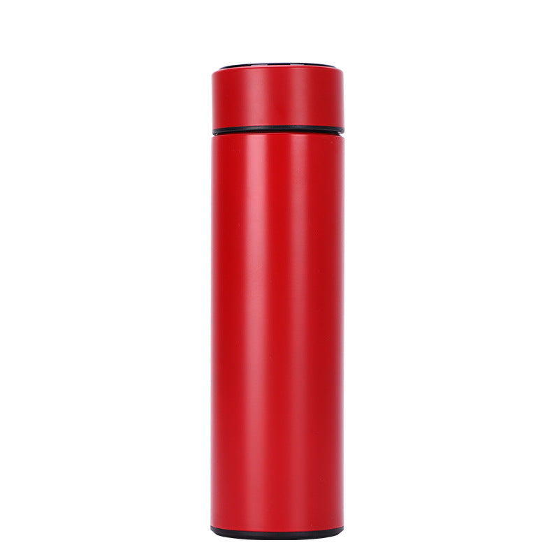 Red insulated stainless steel vacuum bottle with smooth cylindrical design