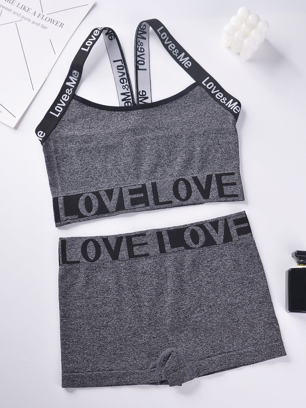 Camisole bra set in gray with LOVE LOVE letter band and matching shorts