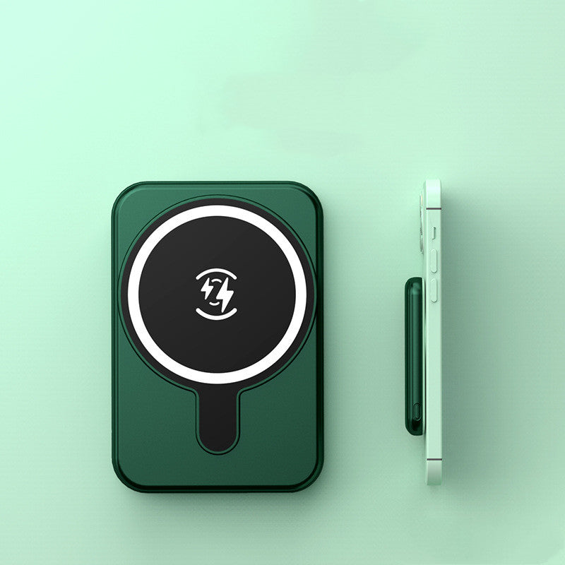 Green magnetic wireless power bank with circular charging icon and side profile