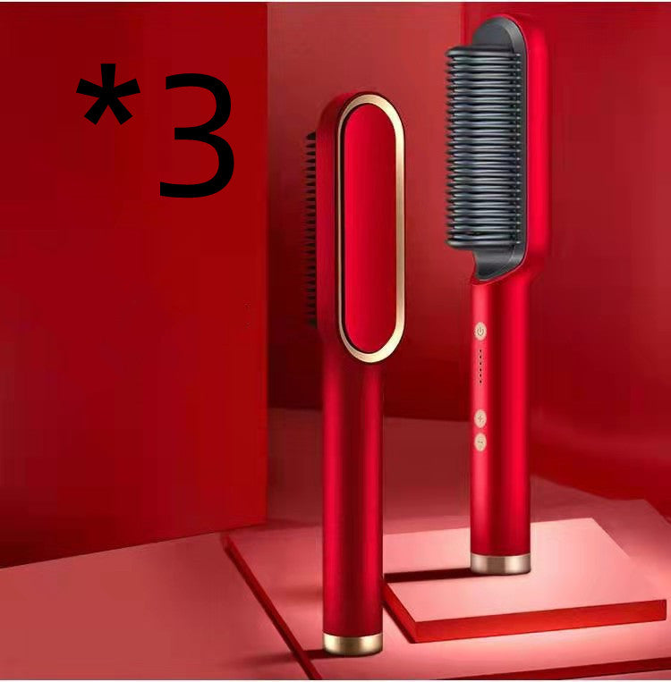 Red electric hot comb hair straightener with ribbed heating brush head