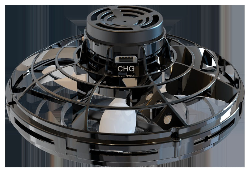 Black UFO spinning toy drone with CHG label and circular vents
