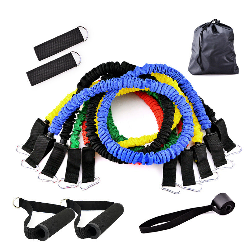 Resistance band kit with blue/yellow/green/black/red tubes, straps, and pouch