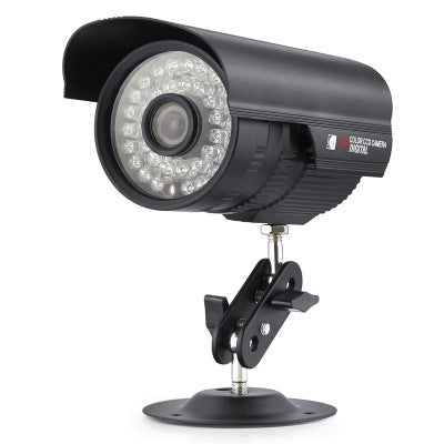 Outdoor surveillance security camera with black cylindrical body, IR LED ring, bracket mount
