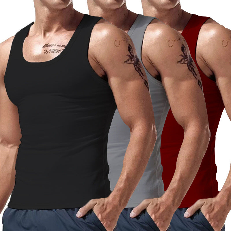 Men's three-pack sleeveless tank tops with crew neck in black, gray, and dark green