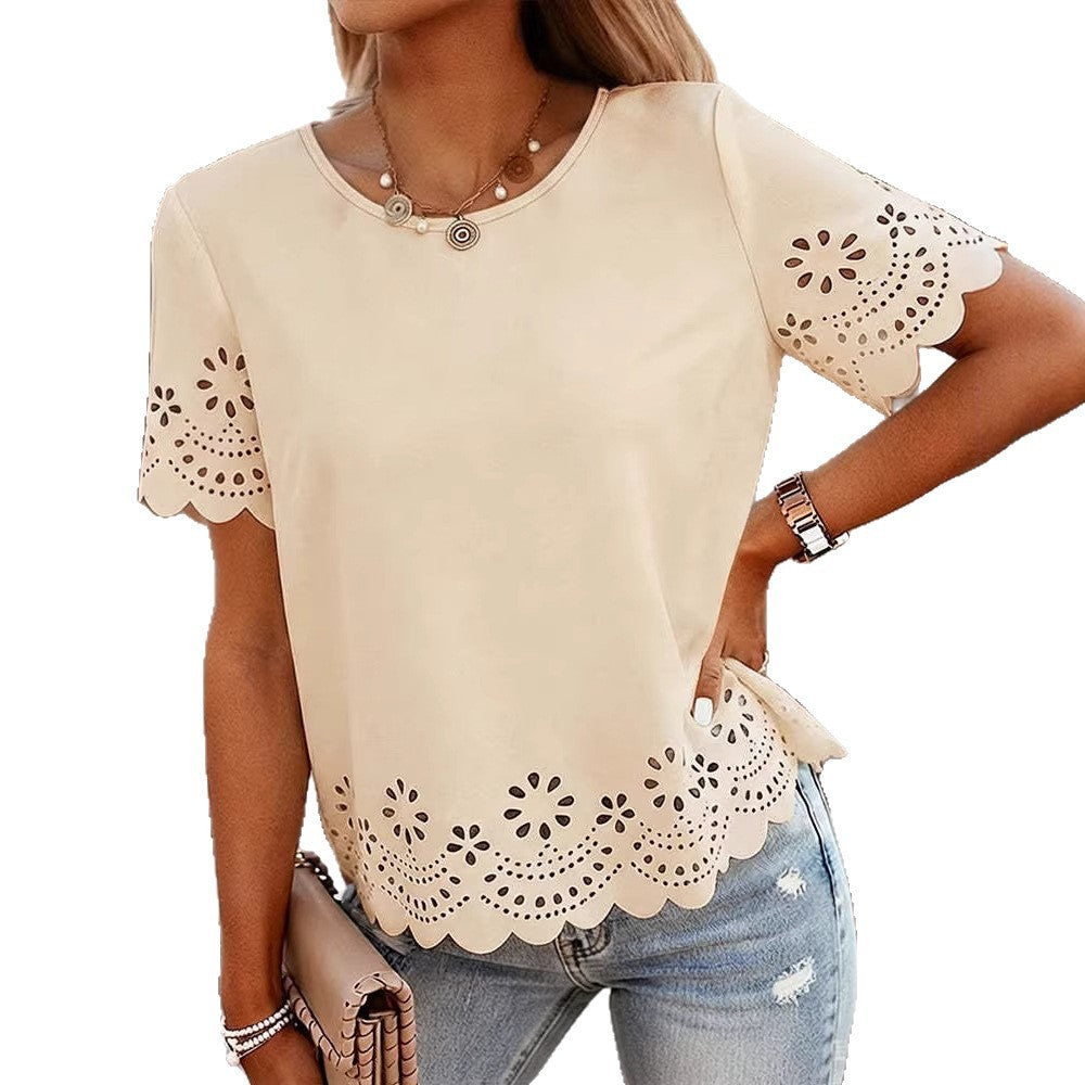 Apricot crew-neck short-sleeve T-shirt with hollow-out embroidered hem and sleeves