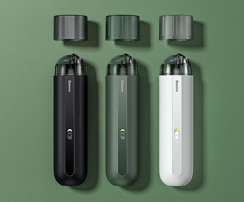 Wireless handheld mini vacuum cleaner in black, gray, green, and white color options.
