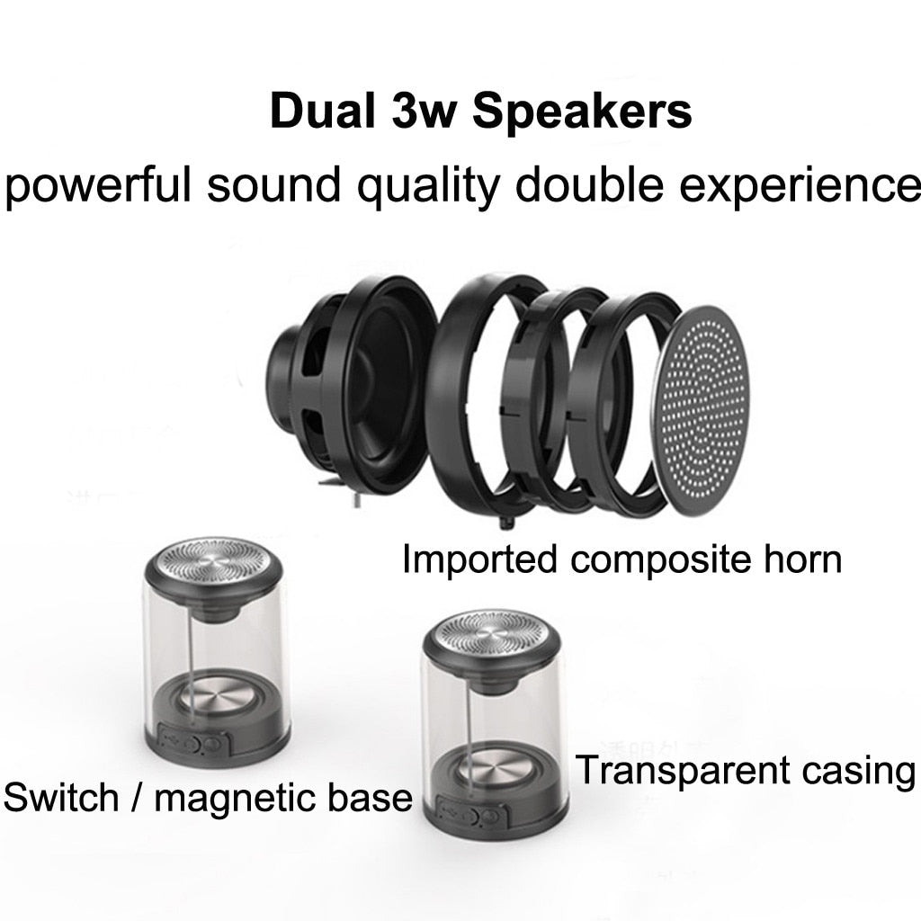Portable Bluetooth speaker with transparent casing and dual circular speaker heads
