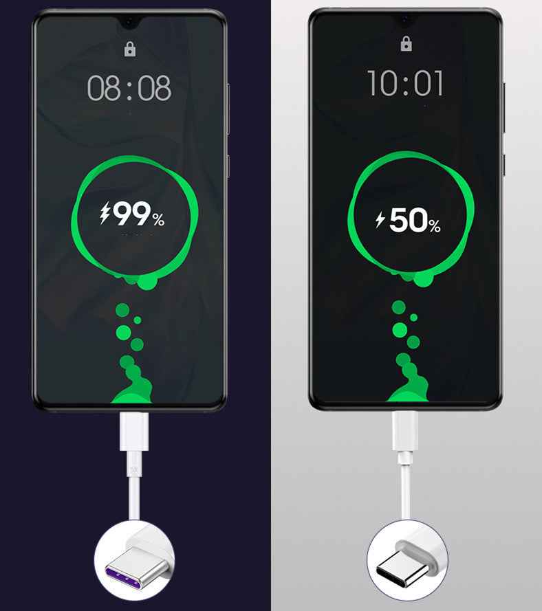 White USB-A to USB-C charging cable connected to smartphones