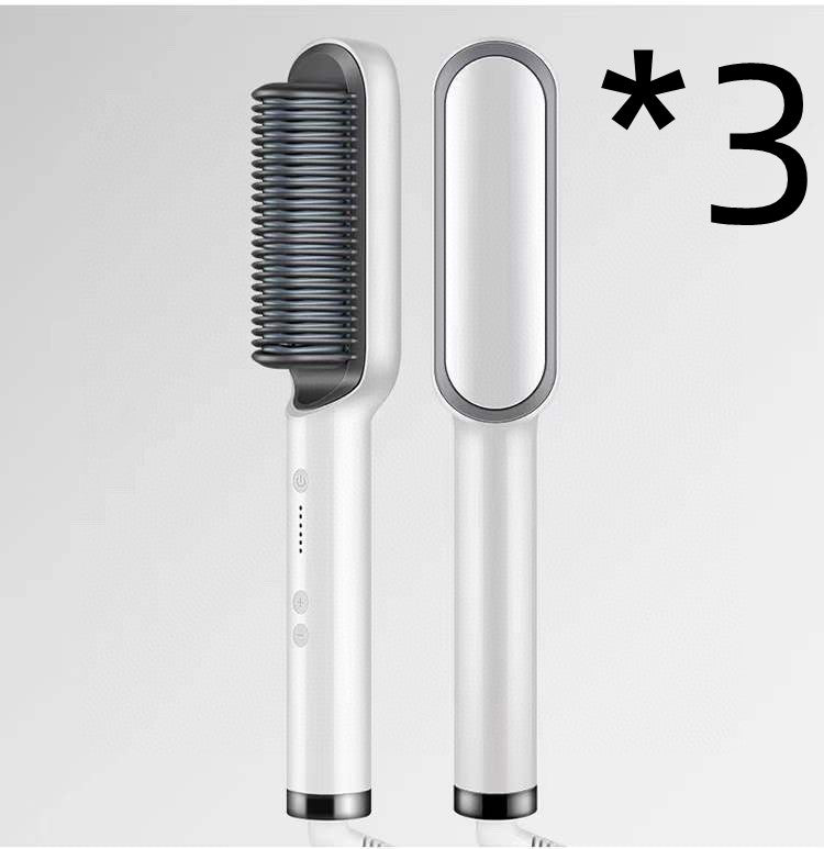 White electric hair straightener brush and oval curling tong attachment, side view