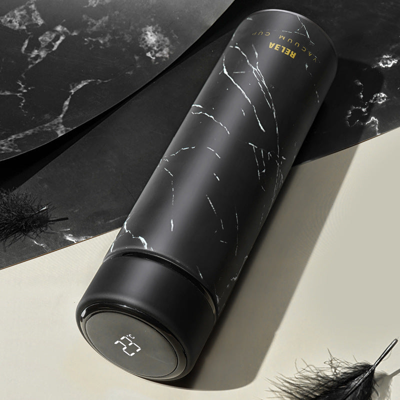 Insulated LCD water bottle, 500 ml, black marble-pattern finish with temperature display