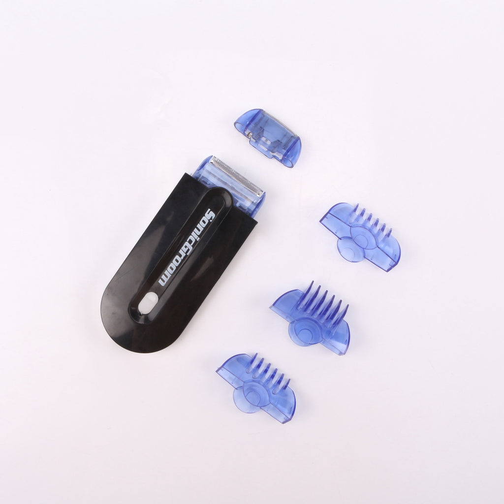 Hair removal shaver with replaceable blue-purple trimming heads and guards