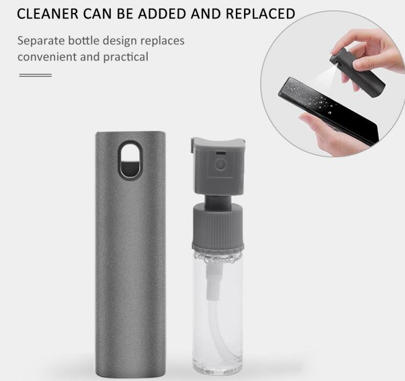 Screen cleaner spray bottle with gray microfiber body and refill bottle, two-piece set