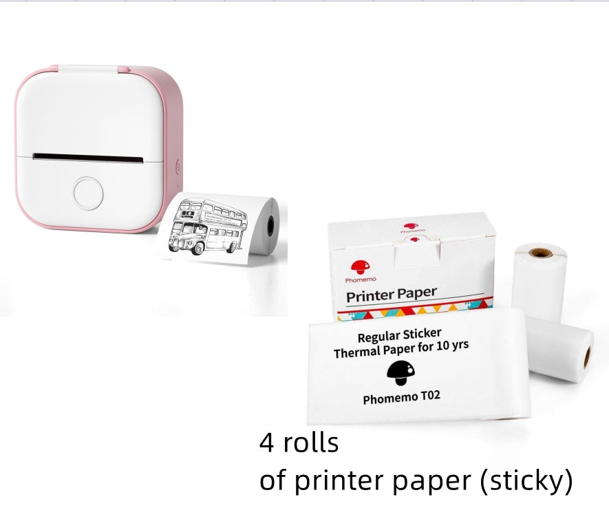 Pink and white portable mini thermal label printer with printer paper rolls
