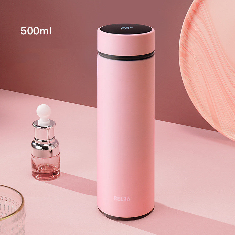 Insulated LCD water bottle, 500 ml, blush pink body with black top and display