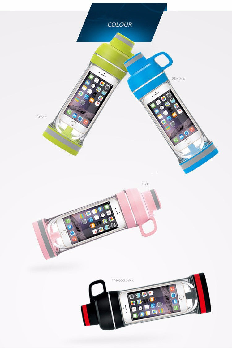Phone-compatible waterproof water bottles in multiple colors, each with clear front window