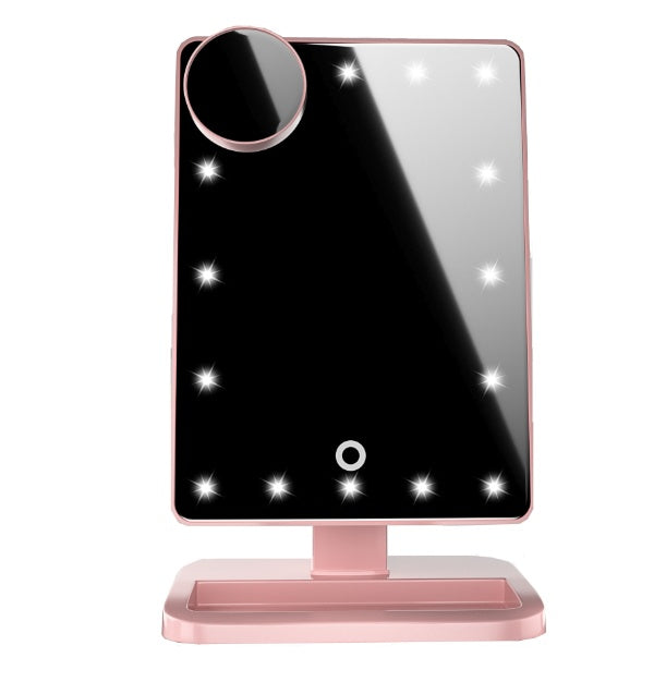 Touch-screen makeup mirror with stand, dark glass, rose gold trim and base