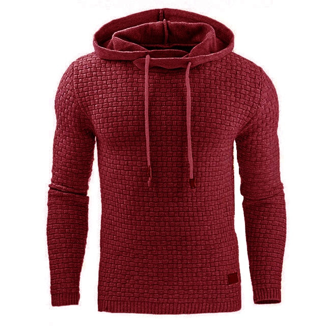 Men's textured hoodie in red, drawstring hood and front pocket
