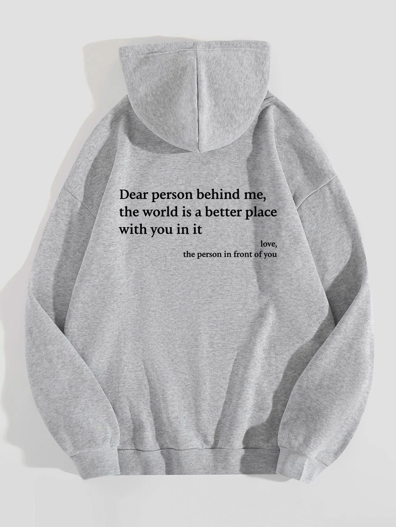 Heather grey plush letter-print kangaroo-pocket hoodie, back view with hood